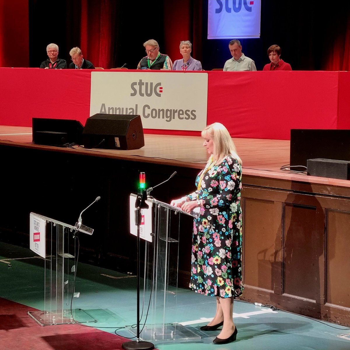 Heather Hughes speaks in support of motion on long-covid, reminding delegates that teachers staffed hubs in early days of lockdown to allow other essential worker sectors to function, further w/ different mitigations than the rest of society, in risk, at work #STUC23