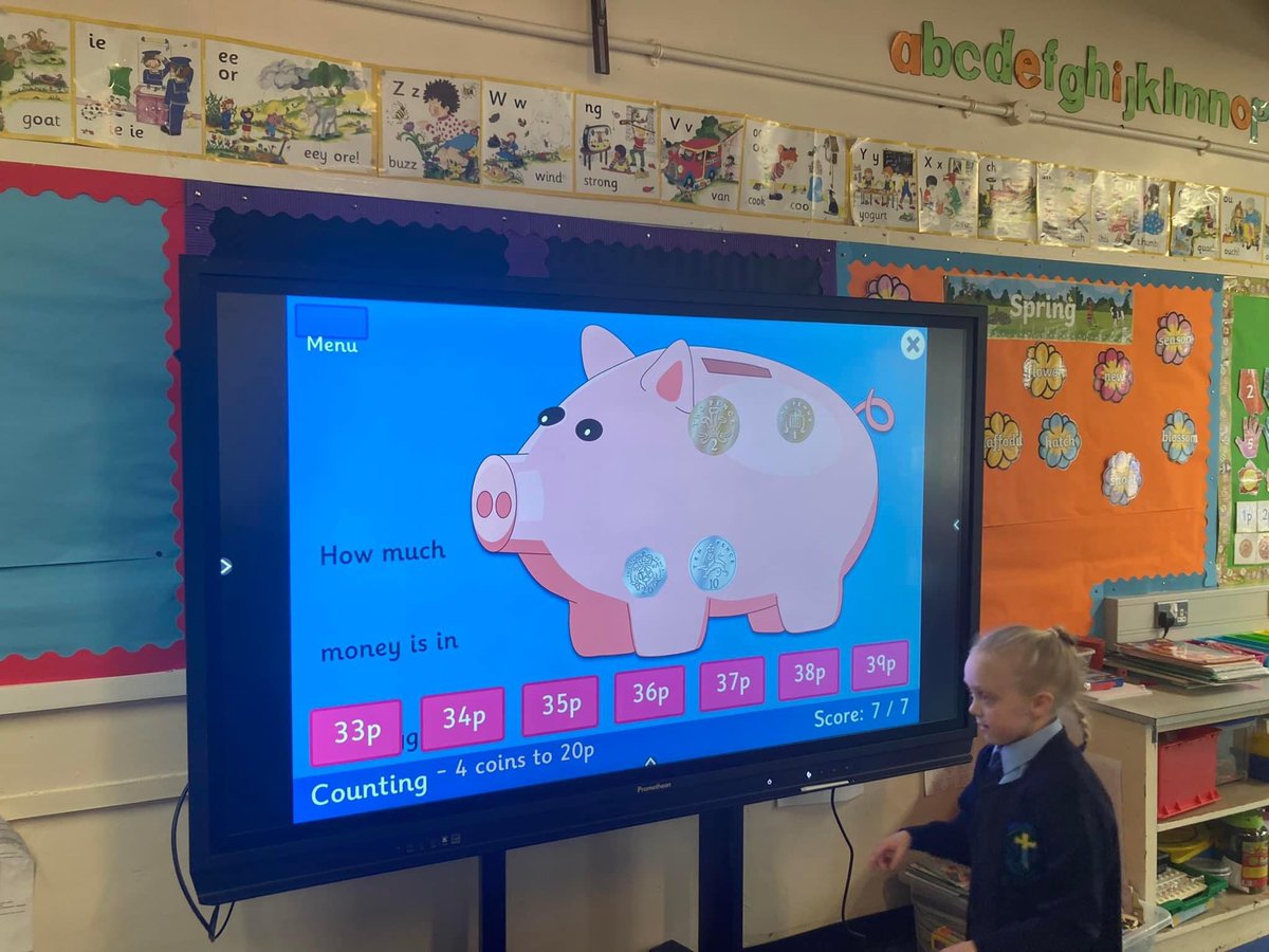 SJBPS11's tweet image. The girls and boys in P2FG are learning to recognise and count coins to totals within £1. @Promethean
