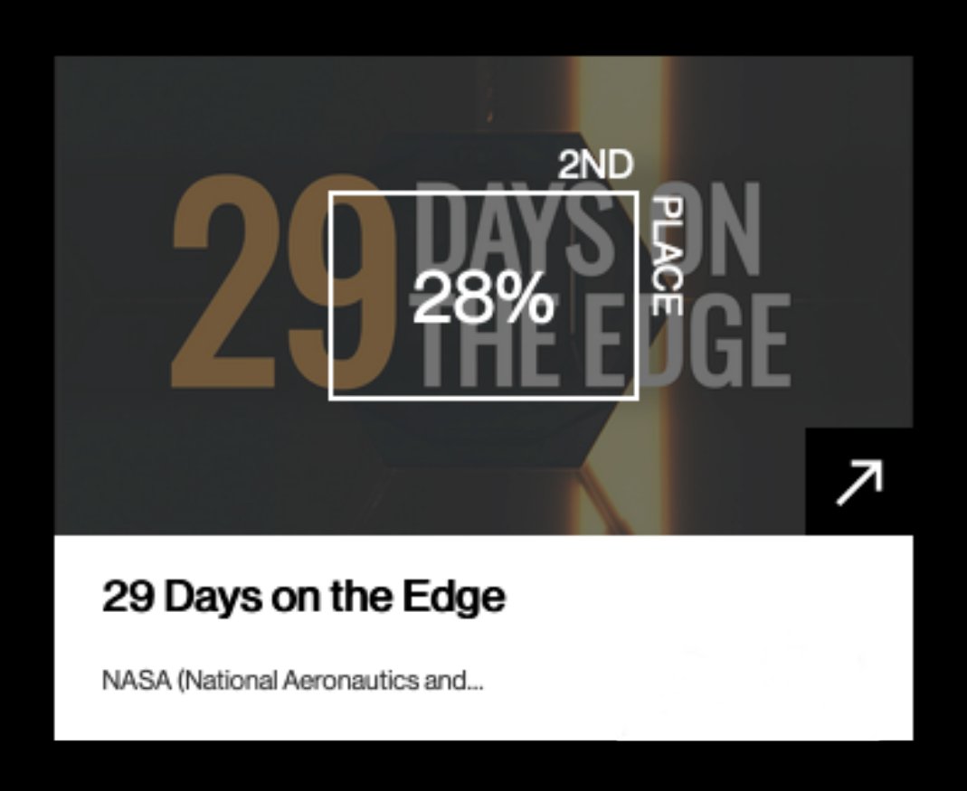 NASAWebb's tweet image. If you loved our nail-biting video of Webb's million-mile journey, "29 Days on the Edge"... youtu.be/uUAvXYW5bmI

...help get us over the edge with 29% of the vote! We’re 1 point away from the current leader in the #Webbys for General Video: Technology: wbby.co/31914N