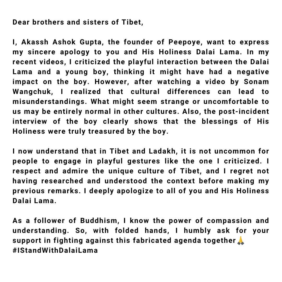 peepoye_'s tweet photo. I am sorry, Dalai Lama 🙏
(Full clarification video published on my YouTube channel- "Peepoye")
.
.
#peepoye #dalailama #istandwithdalailama #tibet #ladakh #hisholiness

@akasshagupta https://t.co/DkLeHSWDAv