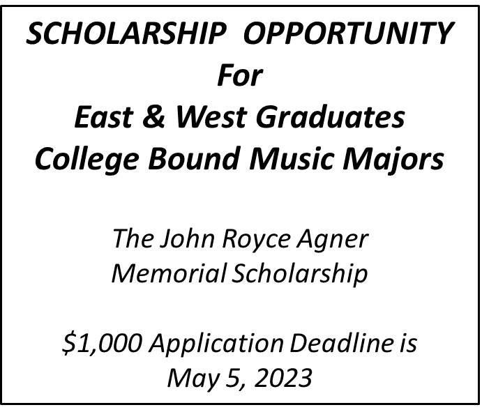 The Royce Agner Memorial Music Scholarship for those studying music in college is currently taking applications for college bound Cherry Hill East & West graduates! This year's application deadline for the $1000 scholarship is May 5, 2023. Details: …ceagnermemorialscholarship.weebly.com