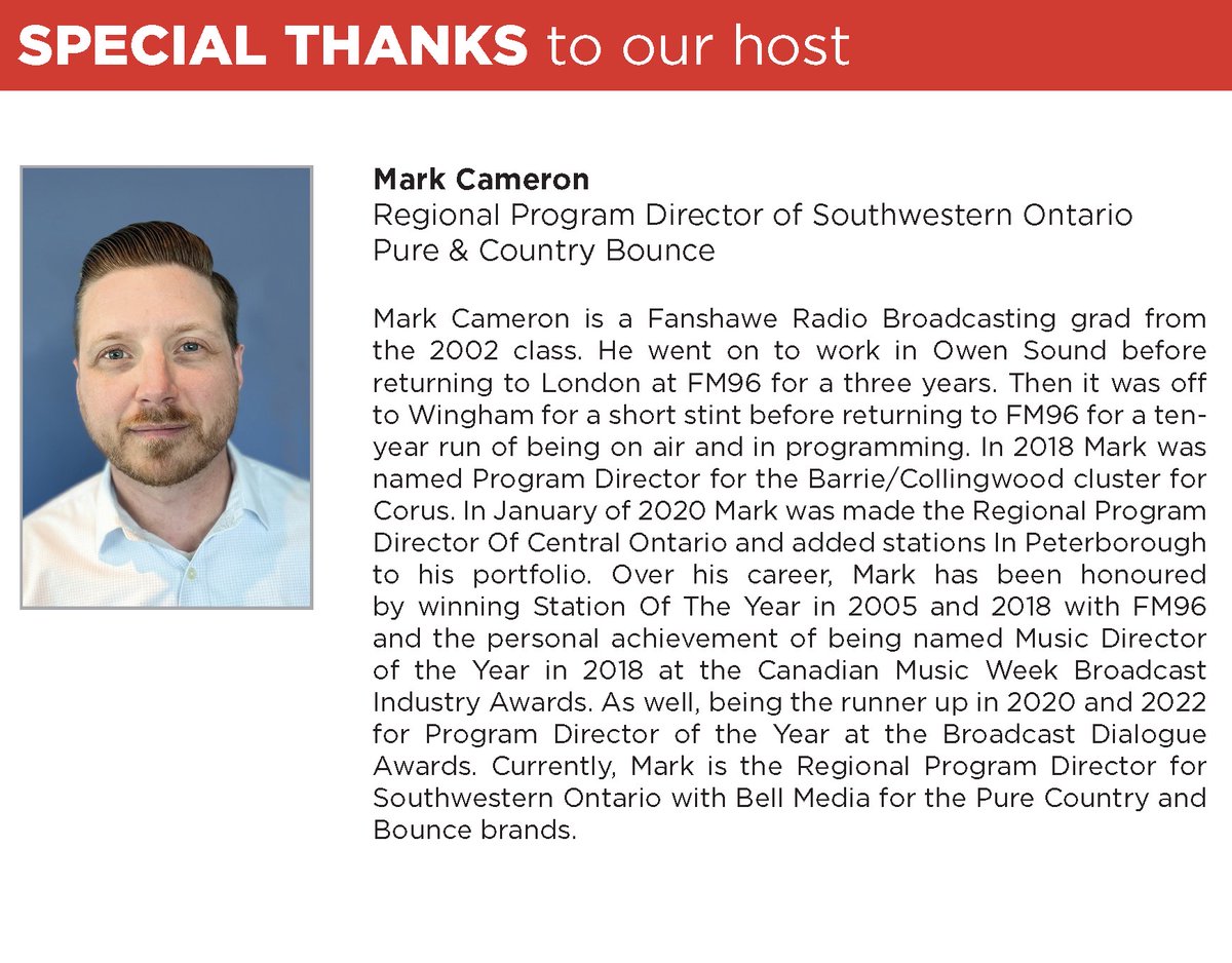 Special thanks to our #FCRadioAwards host on Saturday night, <a href="/FanshaweCollege/">fanshawecollege</a> Radio Alumni, Mr. <a href="/NotMarkCameron/">Mark Cameron</a> (Regional Program Director of Southwestern Ontario - Pure Country &amp; Bounce Radio) @purecountry93 @bounceradio995 <a href="/fanshawealumni/">Fanshawe Alumni</a> #LdnOnt @mediafanshawe
