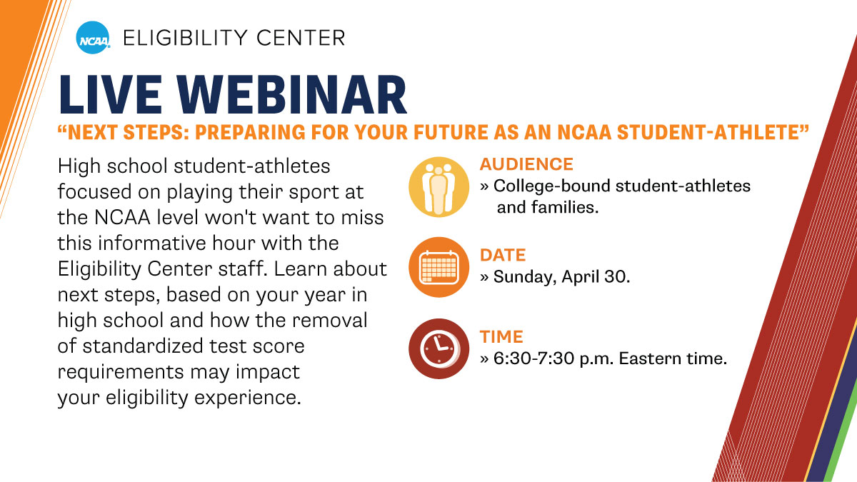 Have questions about preparing for your future as an <a href="/NCAA/">NCAA</a> student-athlete? Join the <a href="/ncaaec/">NCAA Eligibility Center</a> for a free webinar.

➡️ on.ncaa.com/Web_04302023