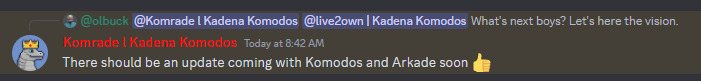 kadenamoonboy's tweet photo. @KadenaKomodos holders, update coming soon. #arkade #kadenakomodos #kadena #kda #arkd #nft #crypto #komodos https://t.co/aW6Wmi5pzD
