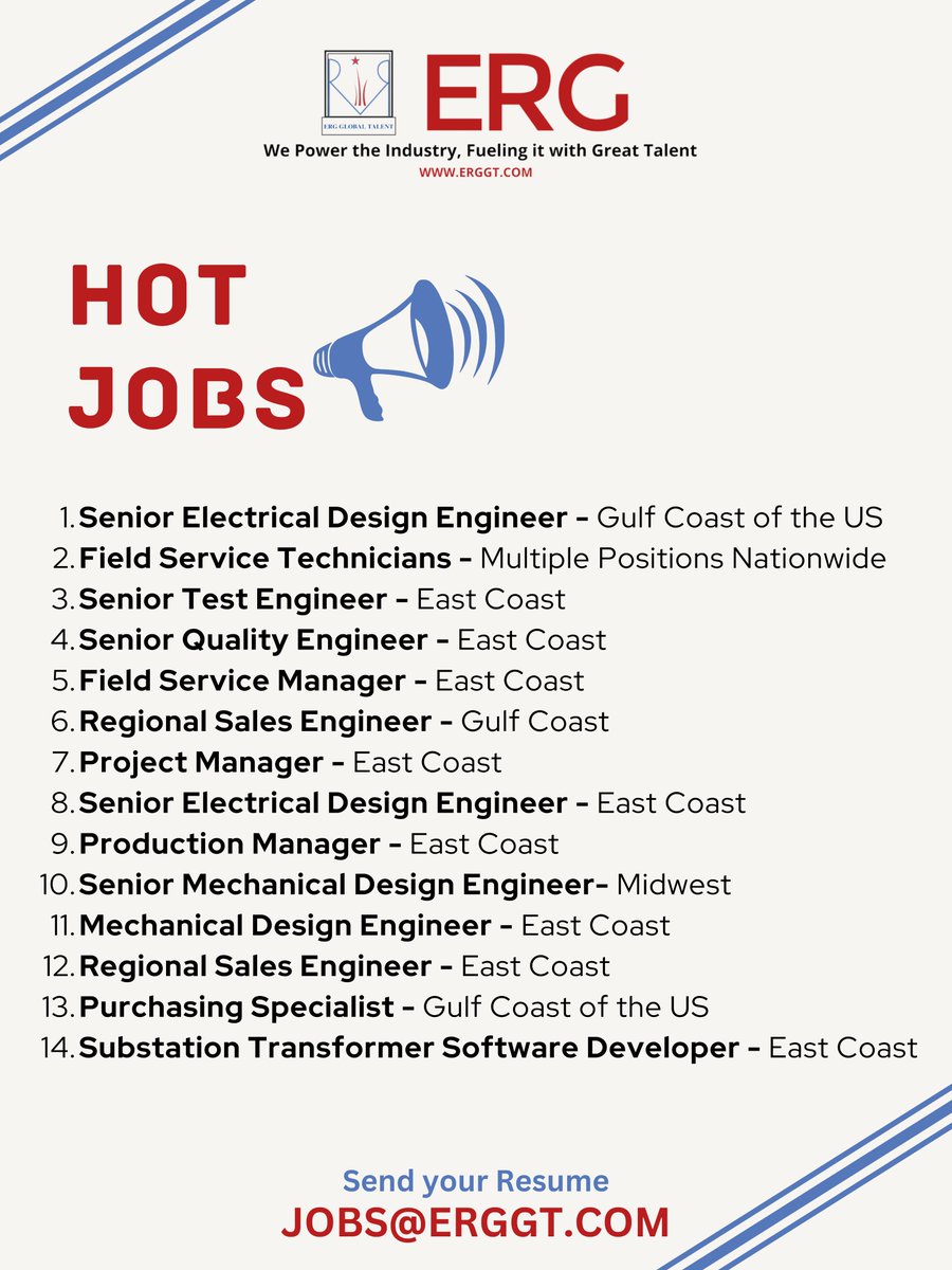 GlobalErg's tweet photo. Send resume to jobs@erggt.com
.
.
.
#powertransformer #transformer #employment #jobs #hiring #job #jobsearch #recruitment #resume #jobhunt #business #jobseekers #hr #usajobs #openjobs #openfornewopportunities #TransformersMagazine #interview https://t.co/K72IRVDfyc