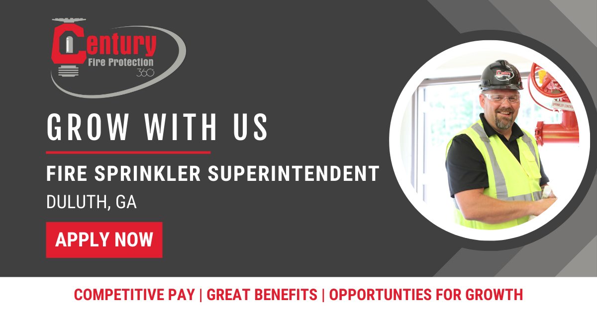 CenturyFP's tweet image. [Superintendent – Fire Sprinkler Install / Duluth, GA] This position will manage profitability and crew production on sprinkler system installation projects to successfully complete the project on schedule.  Learn more: hubs.la/Q01JJlx10  
#Hiring #FireProtectionJobs