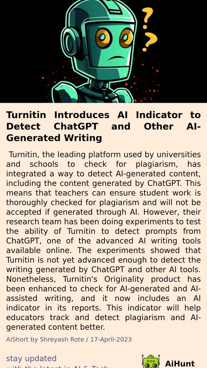aihuntapp's tweet photo. 🚨 Are AI-generated essays too smart for Turnitin? 😱 New experiments show that Turnitin struggles to detect content from ChatGPT &amp; other AI tools. Learn how this could impact your work in education. #AIplagiarism #Turnitin #education #AIfuture https://t.co/JwgrjhCgB7