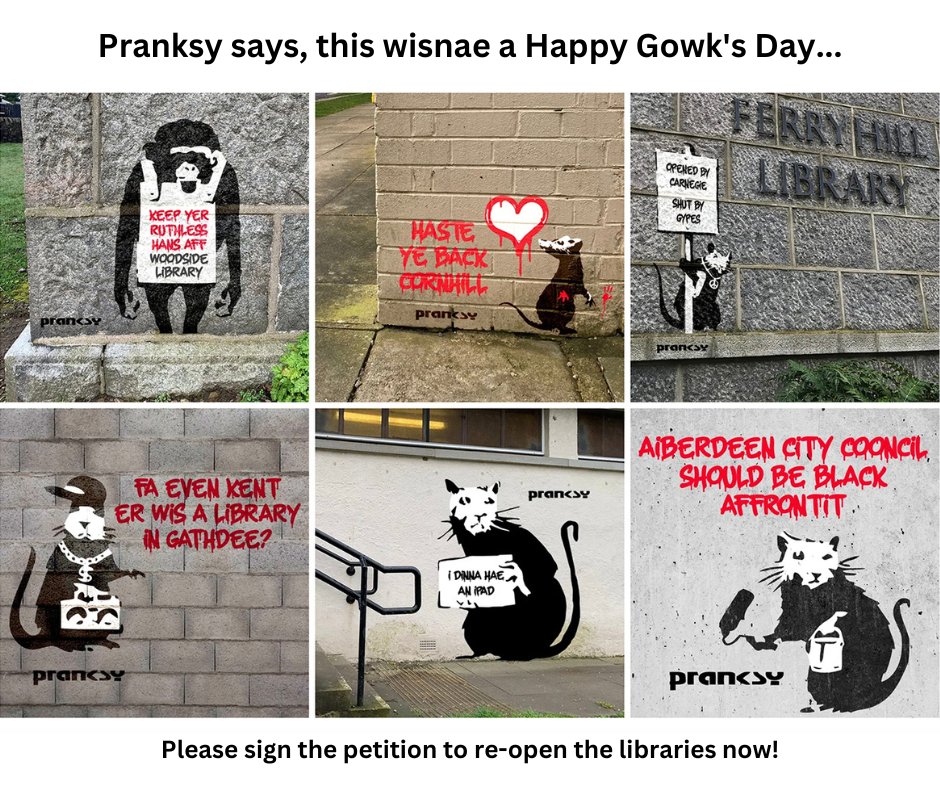 BrambleGraphics's tweet photo. Sadly, Pranksy was not an April Fool's joke and Aberdeen City Council really did close six libraries in Aberdeen on 1st April 2023. 

If you'd like to support the campaign to re-open these six libraries, please sign the new petition below!

https://t.co/Hvlm3T9O7s https://t.co/CdgCEkNYDh
