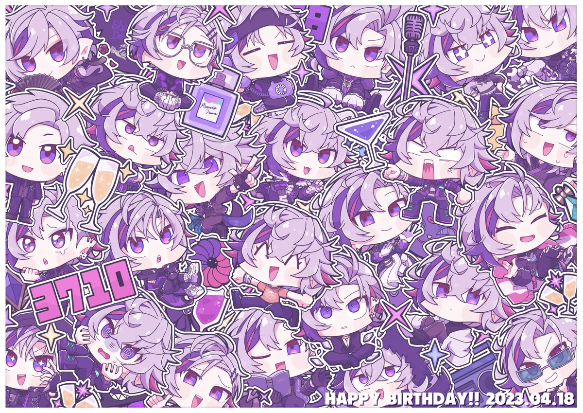 chibi male focus purple eyes streaked hair purple hair microphone 1boy  illustration images