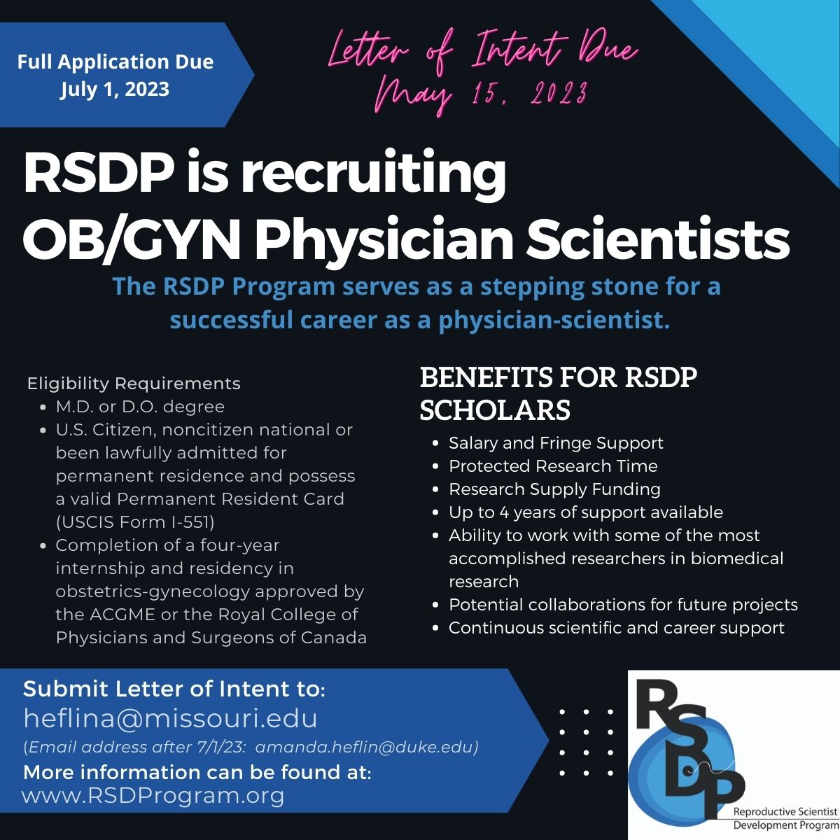 Interested in a career as an OB/GYN Physician-Scientist? Head over to RSDProgram.org and check us out!  Our Letter of Intent Deadline is fast approaching - May 15, 2023!