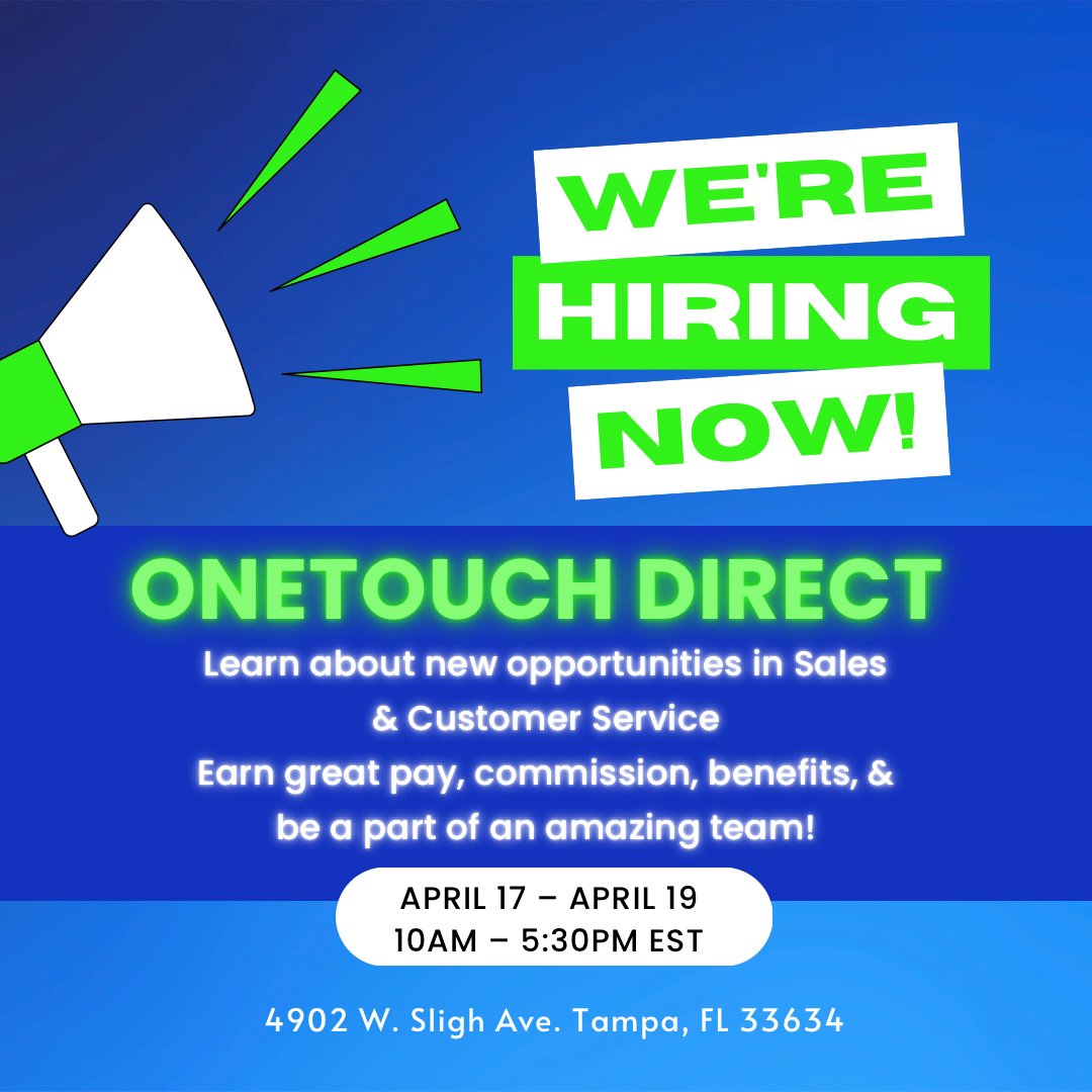 OneTouchDirect's tweet photo. π£ HIRING EVENT π£ Today - Wednesday! Don't miss your chance to join a great team, earn great pay, & more! π°π #onetouchdirect https://t.co/nykrUsKp5g