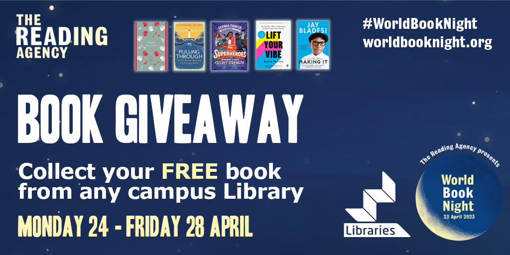Next week our Libraries will be celebrating World Book Night with a book giveaway!

📖Collect your FREE book from any of our Libraries. 
📅Monday 24 – Friday 28 April.

#WorldBookNight <a href="/readingagency/">The Reading Agency</a> <a href="/WorldBookNight/">World Book Night UK</a>