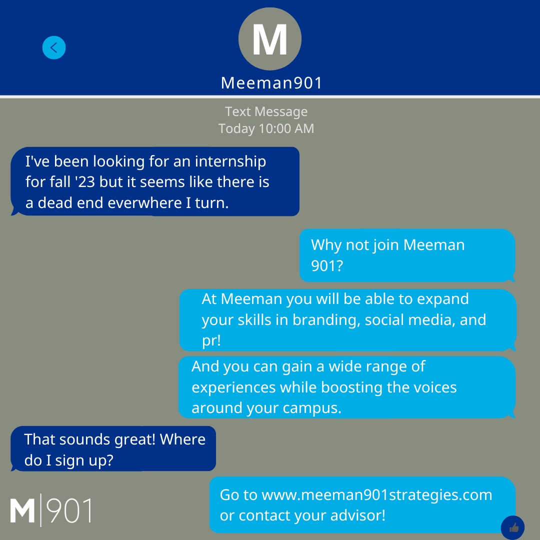 Meeman901's tweet photo. Looking for an internship?👀 Why not join Meeman 901 Strategies? Be able to expand your skills in branding, social media, design, pr, and so much more! 🙌Visit us at https://t.co/jBAyPFpOY4 #Meeman901 #GoTigersGo #Memphisjrsm #UniversityofMemphis https://t.co/Iuwh28I6Vp