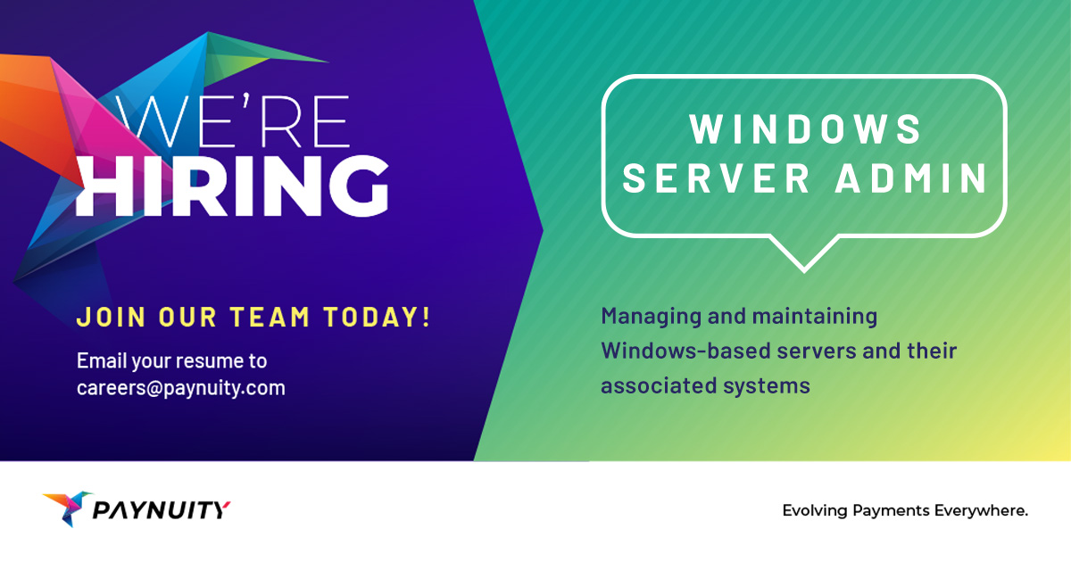 Paynuity is hiring! We are looking for a Windows Server Admin Administrator with Linux experience.

If you’ve always wanted to work for a company with excellent culture, great staff, and in the constant heat of Florida, this is for you!

#werehiring #windowsadmin #paymentindustry