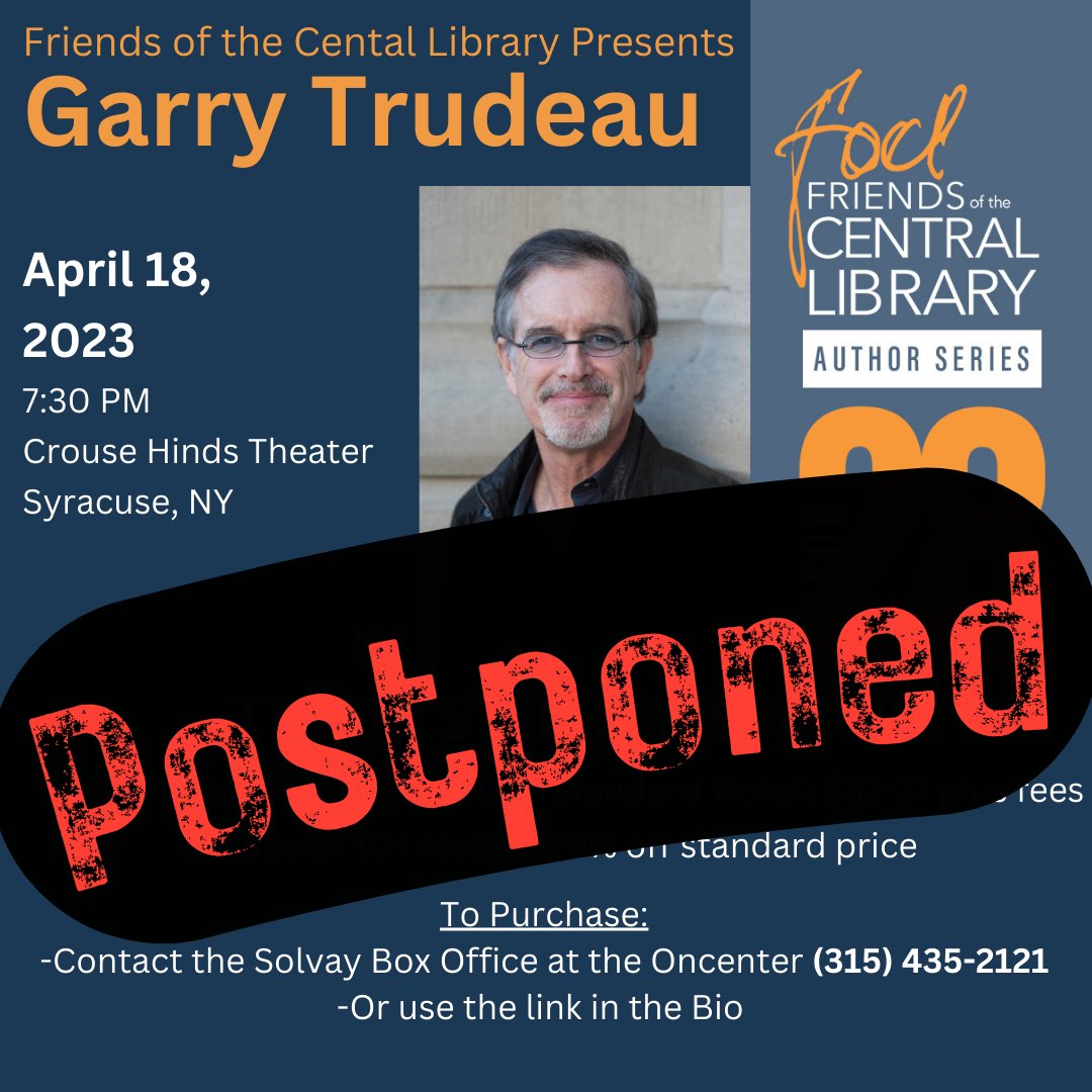 FOCLCNY's tweet photo. Garry Trudeau will now be on May 2nd, 2023. Current tickets will be honored on the new date and tickets sold after today will reflect the revised date.  

Ticketmaster will be updated soon, or you can call the Oncenter to purchase a ticket.

Thank you for your continued support! https://t.co/VZRjSQhAUJ