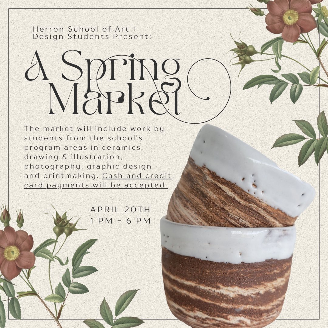 Looking for unique and affordable artwork? Look no further! Herron Spring Market is the perfect opportunity to find one-of-a-kind pieces created by our art/design students. Thursday, April 20 | 1 – 6 p.m. | Grand Hallway, Eskenazi Hall #IndyArts @IUPUI events.iu.edu/herron/event/9…