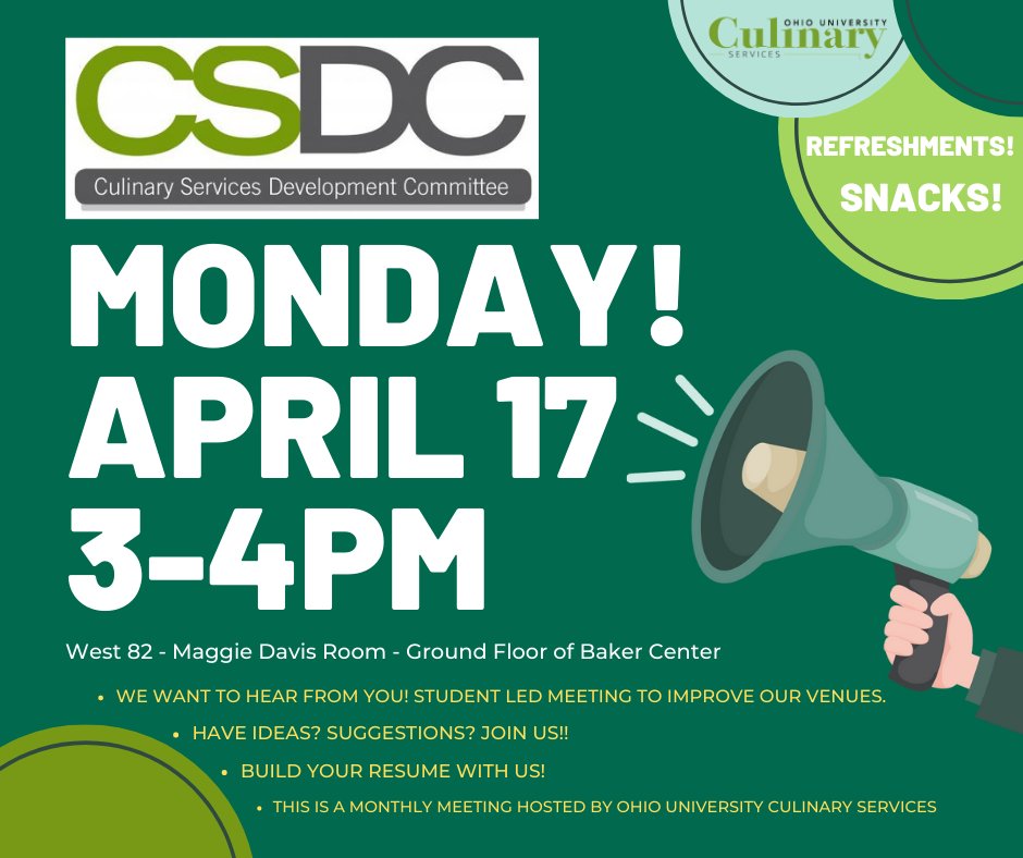 ohiofood_'s tweet photo. Today at 3! Join us in the Maggie Davis Room in Baker Center for our monthly CSDC meeting! We'd love to hear about how we can improve for yOU!   #CSDC #OhioFood #OhioUniversity #Thrive #Culinary #OhioEATS #Ohio #Bobcats #West82 https://t.co/2fbFdB3W4P