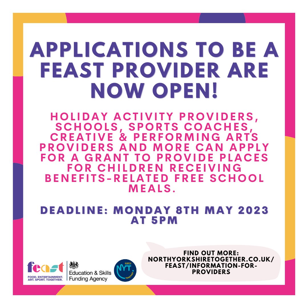 Applications to become a FEAST provider for Summer &amp; Christmas 2023 are now open ❗️

Apply today for funding to run activities in the Summer and Christmas holidays, with free places available for children receiving benefits-related free school meals.
  northyorkshiretogether.co.uk/feast/informat…