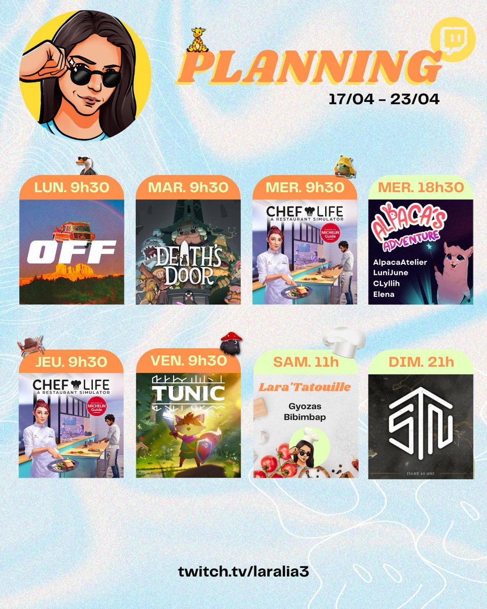 Laralia3_'s tweet photo. 🗓️PLANNING (new)
🚪On termine Death's Doors (dsl Pucix)
🍳Objectif Michelin sur #ChefLifeGame
🦙Soirée jeu de société avec les copines mercredi soir
🦊Début de notre aventure sur Tunic
👩🍳Stream cuisine Lara'Tatouille épisode 2 : Gyozas (et Bibimbap)
📷 Annonce dimanche SOIR https://t.co/wVEdzT3164