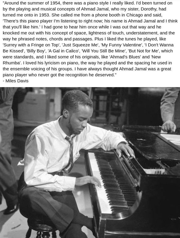 mickdeneeve's tweet image. Rest in peace #AhmadJamal. Your own voice should&apos;ve been heard more widely, but it has ultimately been heard via @milesdavis.