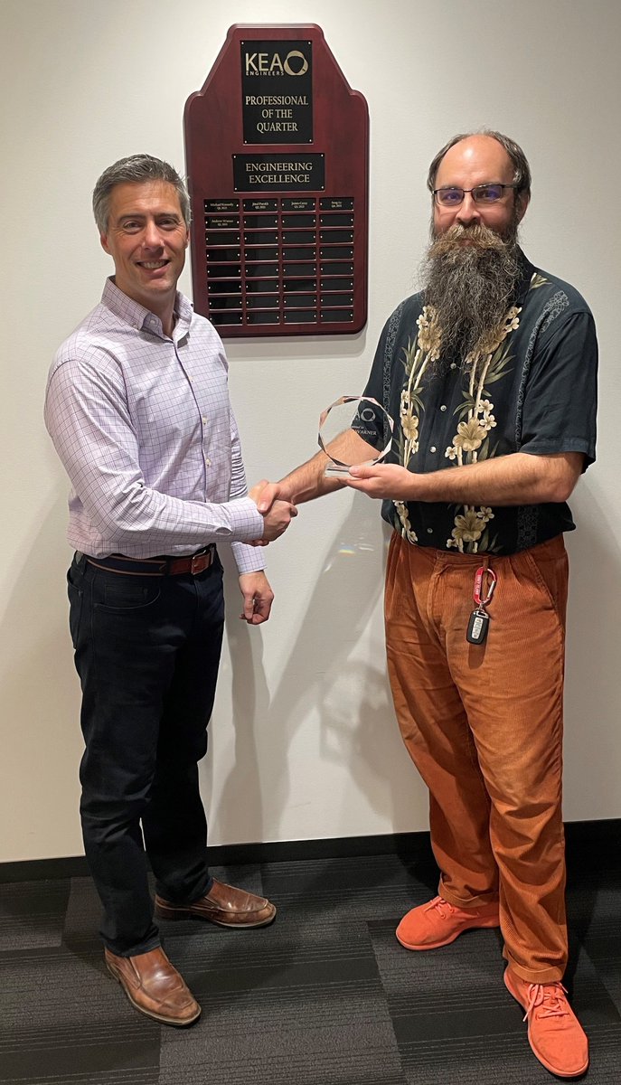 We are thrilled to announce our Professional of the Quarter for Q1 2023, Andrew Warner. Andrew Warner is a rock star and has been with KEA for nearly 20 years! Congratulations Andrew! #KEAEngineers #Congrats #EmployeeRecognition #ProfessionaloftheQuarter #MEPEngineering #TeamKEA