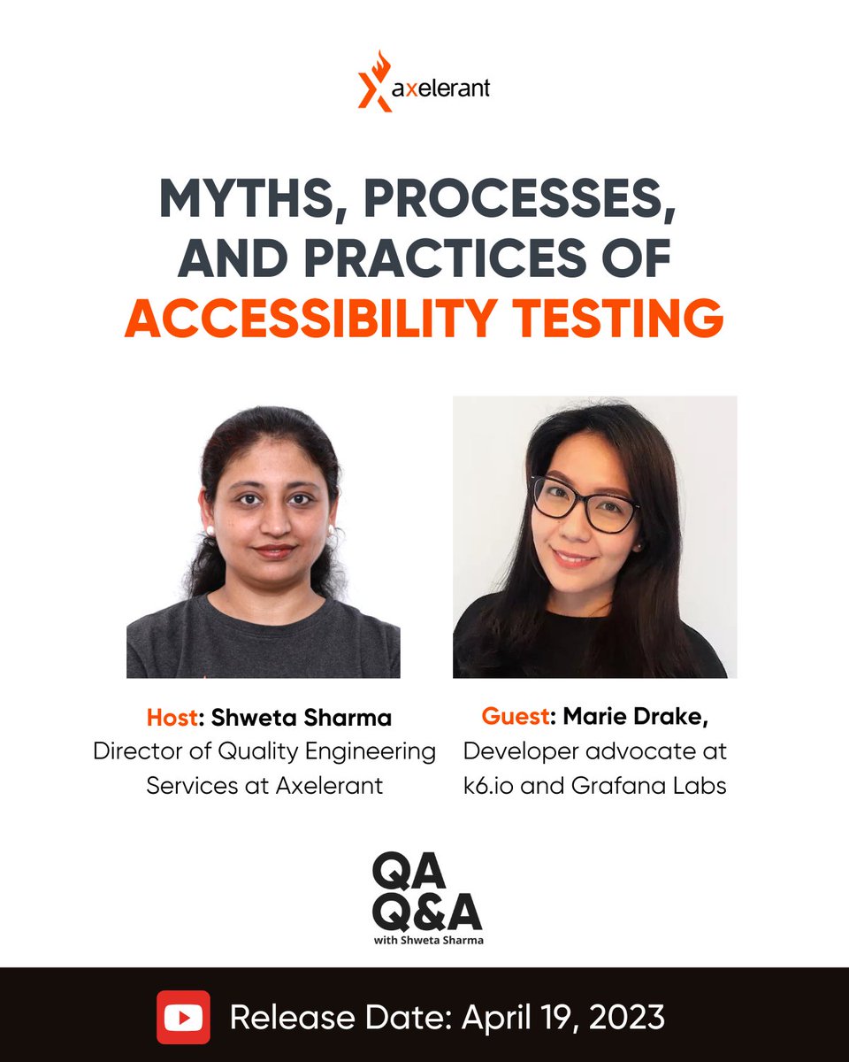 axelerant's tweet image. Exciting news! The premiere of #QAQnA is just around the corner. 🙌
Our first guest? @mcruzdrake—a prominent software tester and tech blogger who'll dive into the world of #AccessibilityTesting with @shwetasharma84. 
When? April 19, 2023 ⌚
Where? YouTube 📽️
#StayTuned