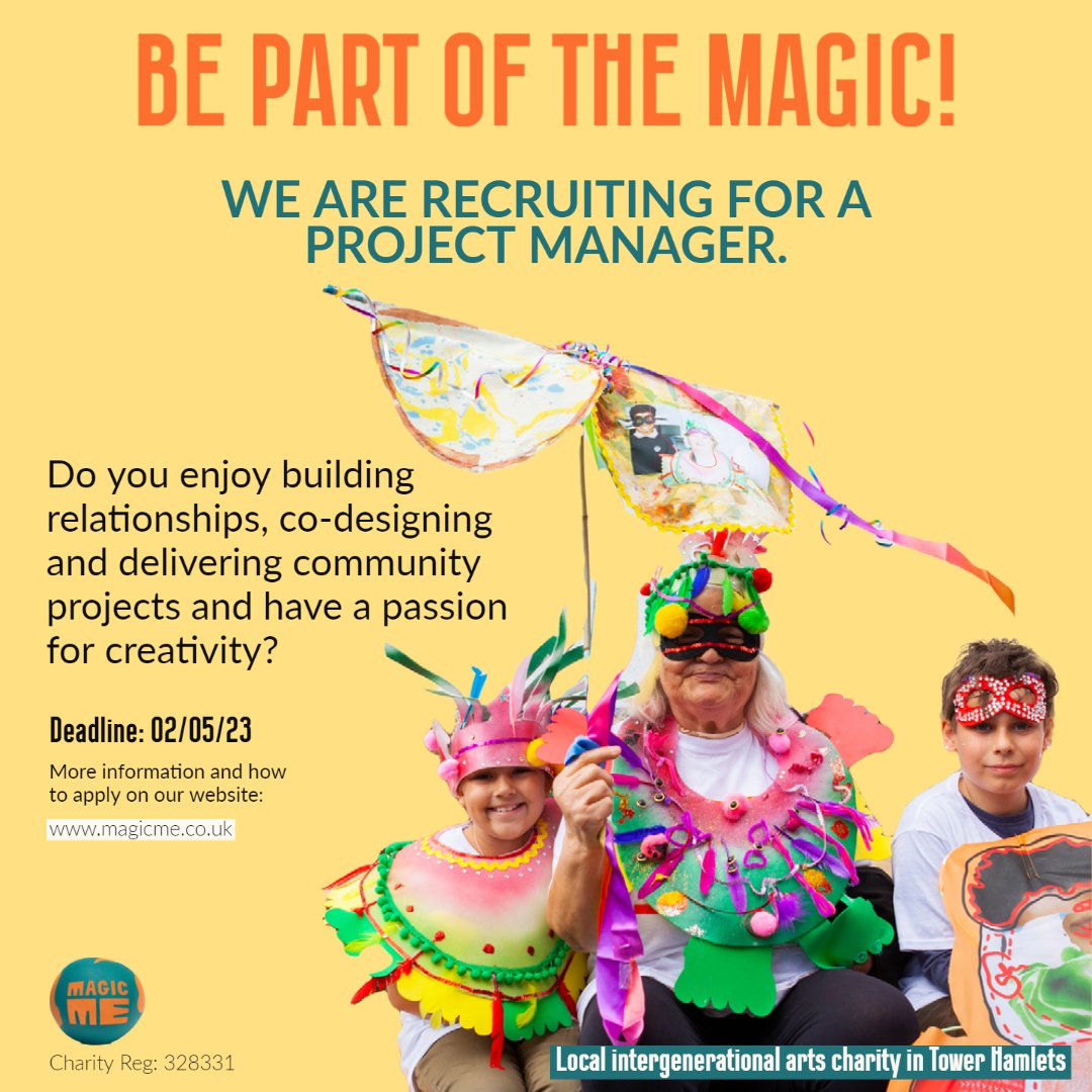 MagicMeArts's tweet photo. *Two weeks left to apply!*

Do you enjoy collaborating with partners, artists and participants to co-design innovative community arts projects?  

We're looking for a Project Manager: https://t.co/LF2XOGqMfL 

#ArtsJobs #CharityJobs #Community #TowerHamlets https://t.co/0NIttx7qhf