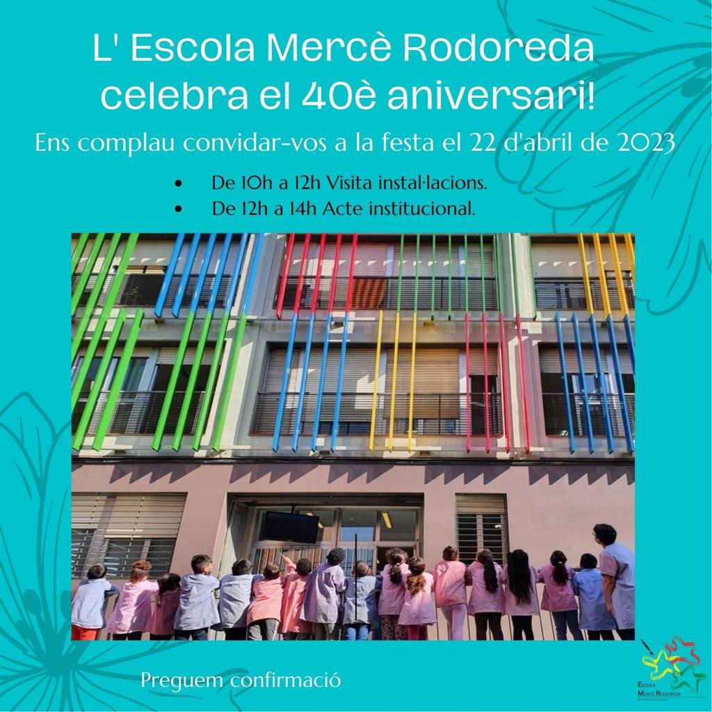 Escola Mercè Rodoreda (@mercerodoreda59) on Twitter photo Voleu venir a la nostra festa del 40è aniversari? És aquest dissabte! Confirma la teva assistència al correu de l'escola a8040382@xtec.cat No hi falteu!#SantaColoma #SantaColomadeGramenet #SCG #Santako #Gramenet #Educació #EscolaPública #SomRodoreda Voleu venir a la nostra festa del 40è aniversari? És aquest dissabte! Confirma la teva assistència al correu de l'escola a8040382@xtec.cat No hi falteu!#SantaColoma #SantaColomadeGramenet #SCG #Santako #Gramenet #Educació #EscolaPública #SomRodoreda