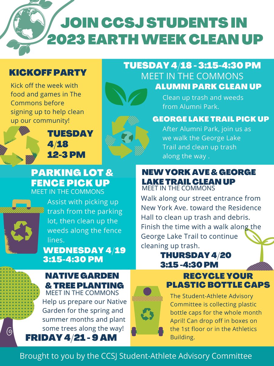 CCSJ_SAAC's tweet photo. Join us this week as CCSJ SAAC helps clean up campus and our community! 

You can sign up at Tuesday's kickoff or show up to the event at 3:15 PM! #EarthWeek2023 #SAAC https://t.co/2qaPteZKvp