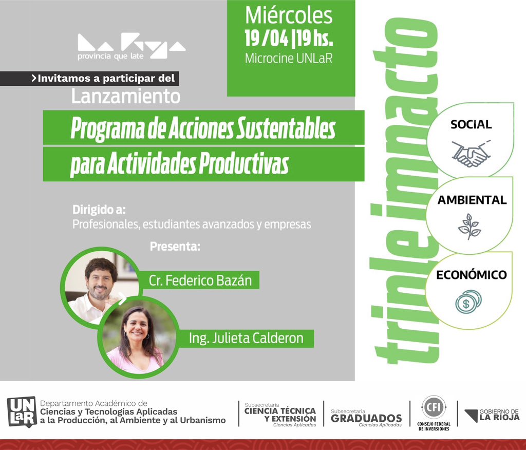 🔺LANZAMIENTO PROGRAMA DE ACCIONES SUSTENTABLES PARA ACTIVIDADES PRODUCTIVAS |  CIENCIAS APLICADAS UNLAR | CFI | MINISTERIO DE TRABAJO, EMPLEO E INDUSTRIA 

+ Info instagram.com/p/CrI5WtpucuY/…

🔺Vinculación entre las Instituciones | CFI | Gobierno de La Rioja