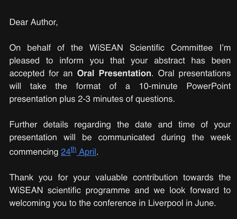 Excited to present at the @WISE_AN conference in June!!