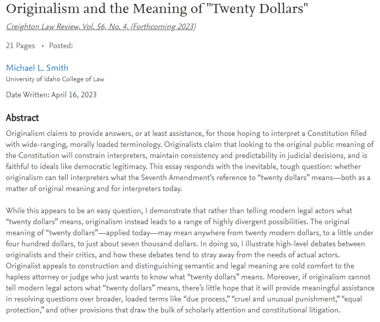 msmith750's tweet photo. Posting a fun little essay to brighten up everyone's Monday: "Originalism and the Meaning of 'Twenty Dollars,'" forthcoming in @CreightonLawRev 

Link here: https://t.co/nYZmqsnVJ1 https://t.co/hQ8tLGBEhg