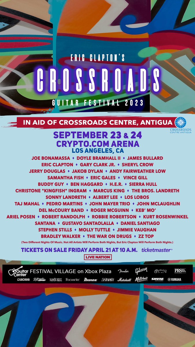 I’ll join a few friends for the 6th installment of Eric Clapton's Crossroads Guitar Festival. This year’s event will be held at Crypto.com Arena in Los Angeles on Sept 23 & 24. Tickets go on sale Friday, April 21 at 10am via Ticketmaster. crossroadsguitarfestival.com 🤟🏾🎸