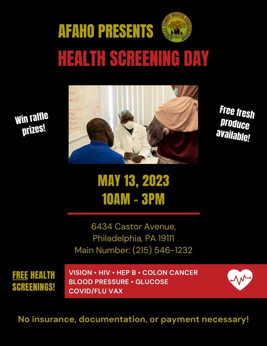 AFAHO's tweet photo. We are excited to announce our first Health Screening Day in Northeast Philly! Don't miss AFAHO’s first screening day of the year happening Saturday, May 13th from 10AM - 3PM at 6434 Castor Avenue. https://t.co/ambXtIqHeZ