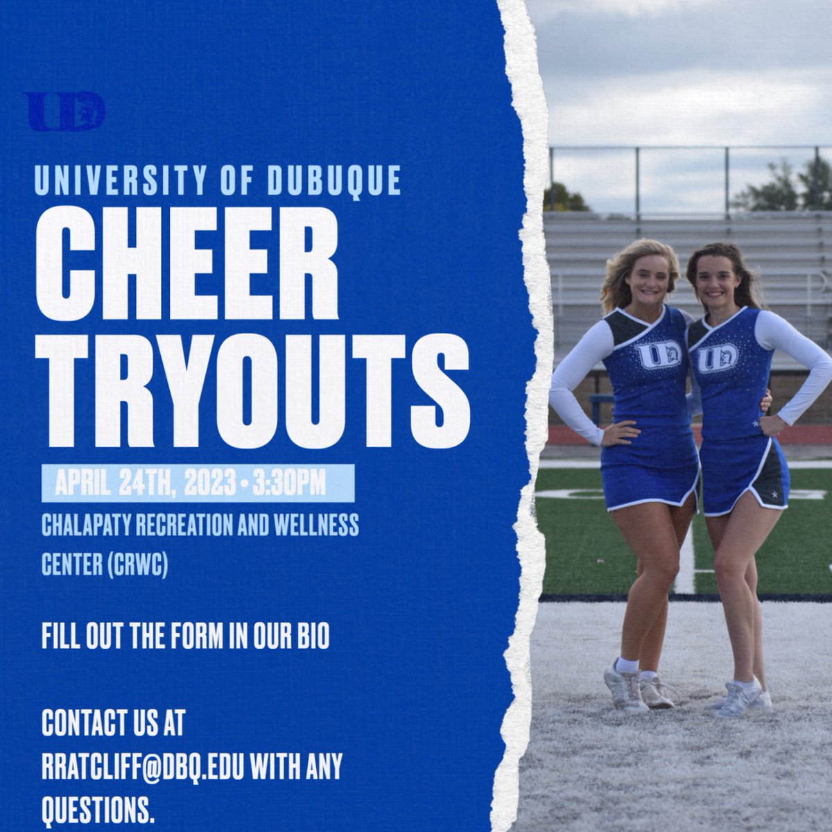 CheerUD's tweet photo. Interested in being a part of our team for next school year? Tryouts will be held next week (April 24th) at 3:30pm on campus!  

Also, PLEASE make sure you fill out the form in our bio if you are planning on trying out or are interested! 

Email us with questions! Go SPARTANS! https://t.co/PhlTs5m0bH
