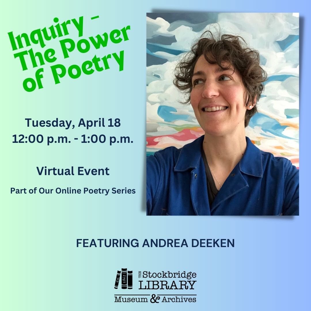 Andrea Deeken (@drelo) on Twitter photo Iโm reading virtually tomorrow as part of the <a href="/StockbridgeLib2/">Stockbridge Library Association</a> Inquiry series! 9:00 am PST/ Noon EST. Link in bio to join! #poetry #poetrycommunity #queerpoet Iโm reading virtually tomorrow as part of the <a href="/StockbridgeLib2/">Stockbridge Library Association</a> Inquiry series! 9:00 am PST/ Noon EST. Link in bio to join! #poetry #poetrycommunity #queerpoet
