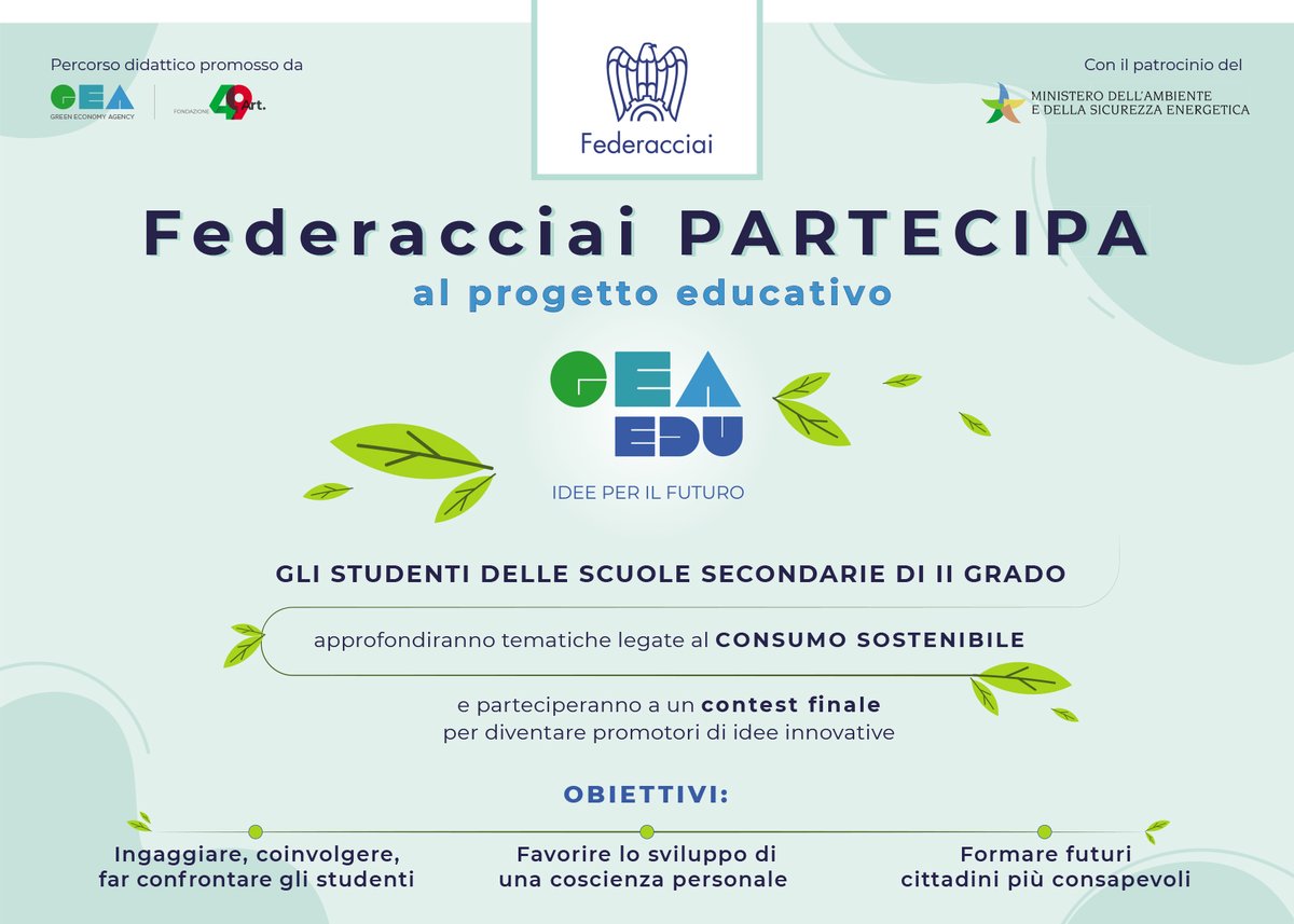 Federacciai_ita's tweet photo. #Federacciai entra a far parte del progetto #GeaEdu promosso da @AgencyGea 
Un percorso didattico che coinvolge i ragazzi delle scuole secondarie di II grado sul tema del #consumosostenibile con uno sguardo al mondo dell'#acciaio

Per maggiori info➡️https://t.co/FZLvFoEaV6 https://t.co/deidPMNSJF