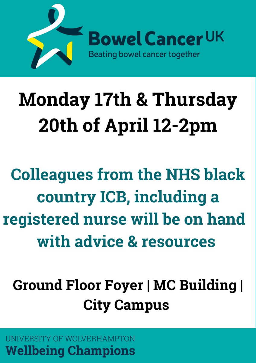 💚April is Bowel Cancer Awareness month💚
.
We were joined today by the NHS Black Country ICB, including a registered nurse, who are giving out advice on spotting the signs and symptoms of bowel cancer!
.
Catch us again this Thursday (20th of April) 12-2pm in the MC foyer!