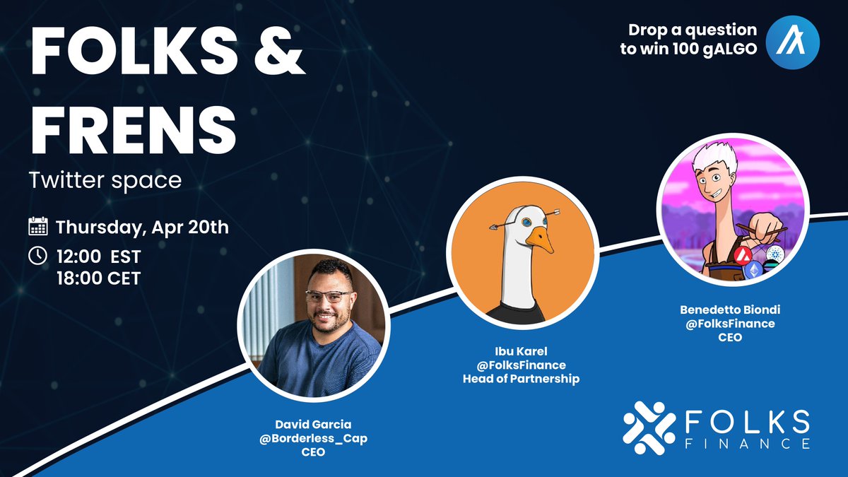 FolksFinance's tweet photo. ▶︎ FOLKS & FRENS Ep. 6! 🎙

This week, we welcome one of the OGs of @Algorand's Ecosystem 🤝:

👑 @DG__tw, CEO at @Borderless_cap will be joining @BenedettoBio & @AlgoHQ on Thursday.

🔔 Set your reminder, see you there!

Drop a question, 💙 & RT to win 100 $gALGO.🎁 #Algorand