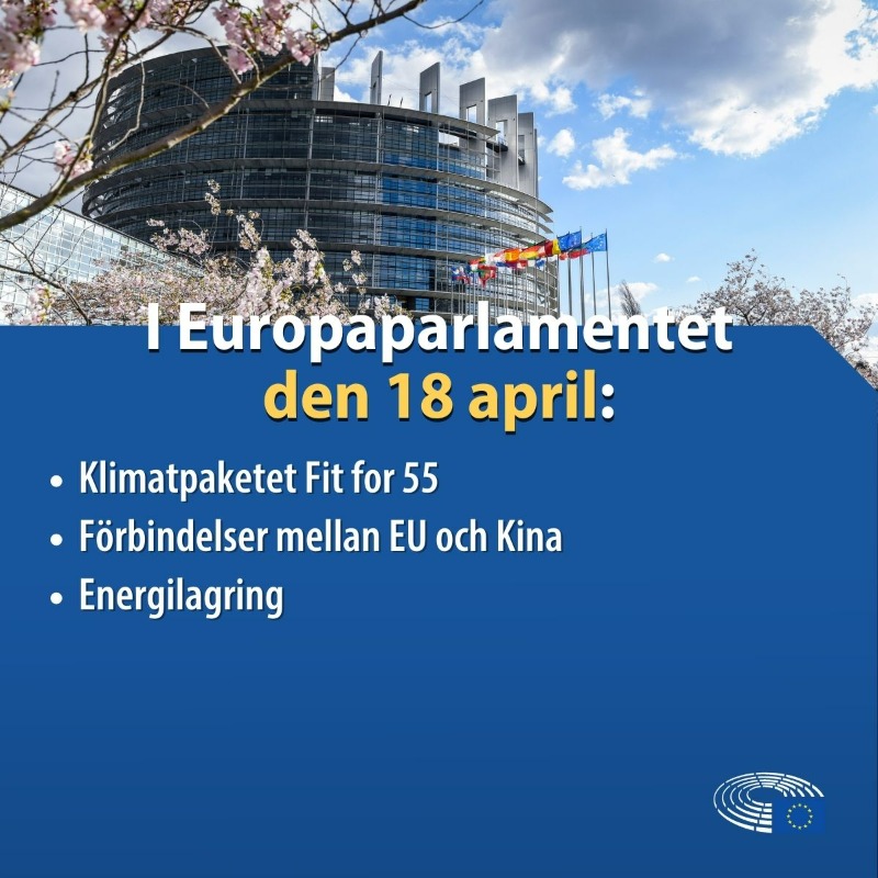Europarl_SV's tweet photo. På ledamöternas agenda idag står bland annat: 
♻Klimatpaketet: Fit for 55 
🇨🇳Förbindelser mellan EU och Kina 
⚡Energilagring

#EPsession