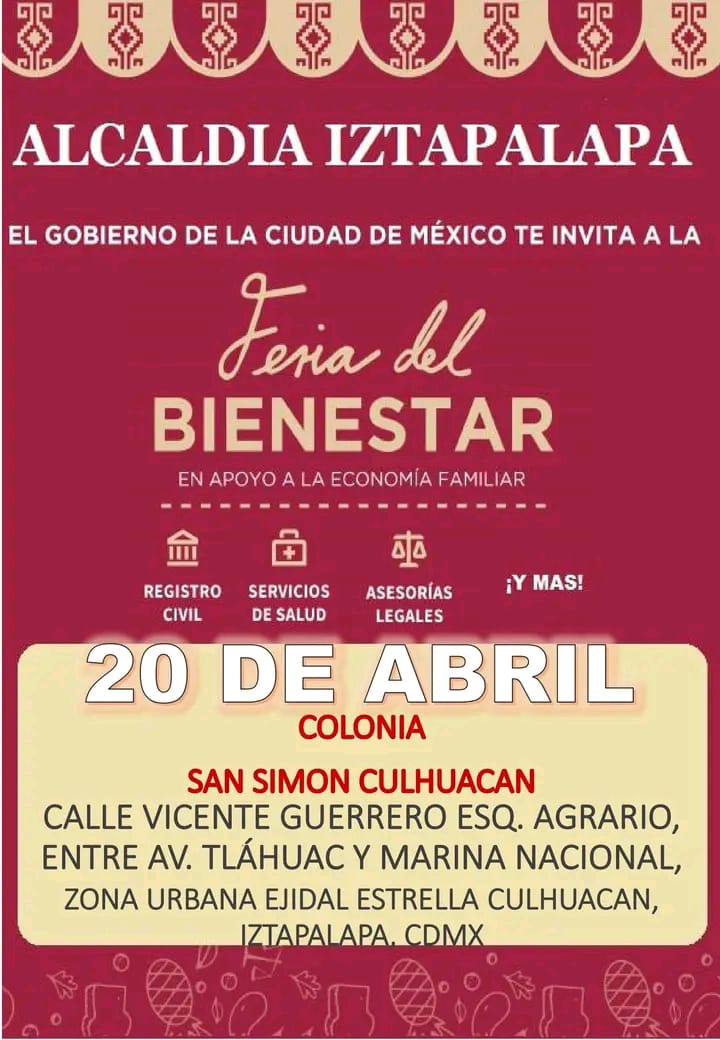 AvilaModulo's tweet photo. FERIA DEL BIENESTAR
Jueves 20 de Abril de 9:00 de la mañana a las 14:00 hrs. en la Colonia San Simón Culhuacan, calle Vicente Guerrero, esq. Agrario, Iztapalapa.
*Impresión de Actas de Nacimiento; *Asesorías Jurídicas y Servicios Legales;
*Vacunación; y más! https://t.co/LZnbjfJjdK