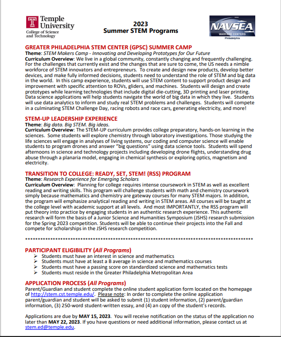 BrentCBaum's tweet photo. offering a variety of STEM (science, technology, engineering and mathematics) programs this summer for grades 6-12. Applications are due by May 15. 🧪👨‍🔬👩‍🔬

For more information on the programs offered: https://t.co/OtCW4kK49o