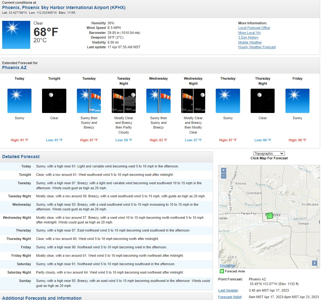 Good morning, North Central!

The National Weather Service Phoenix says that we can expect high temperatures hovering in the high 80s and low 90s this week, with plenty of sunshine and some breezy conditions mid-week.

Have a fantastic week!