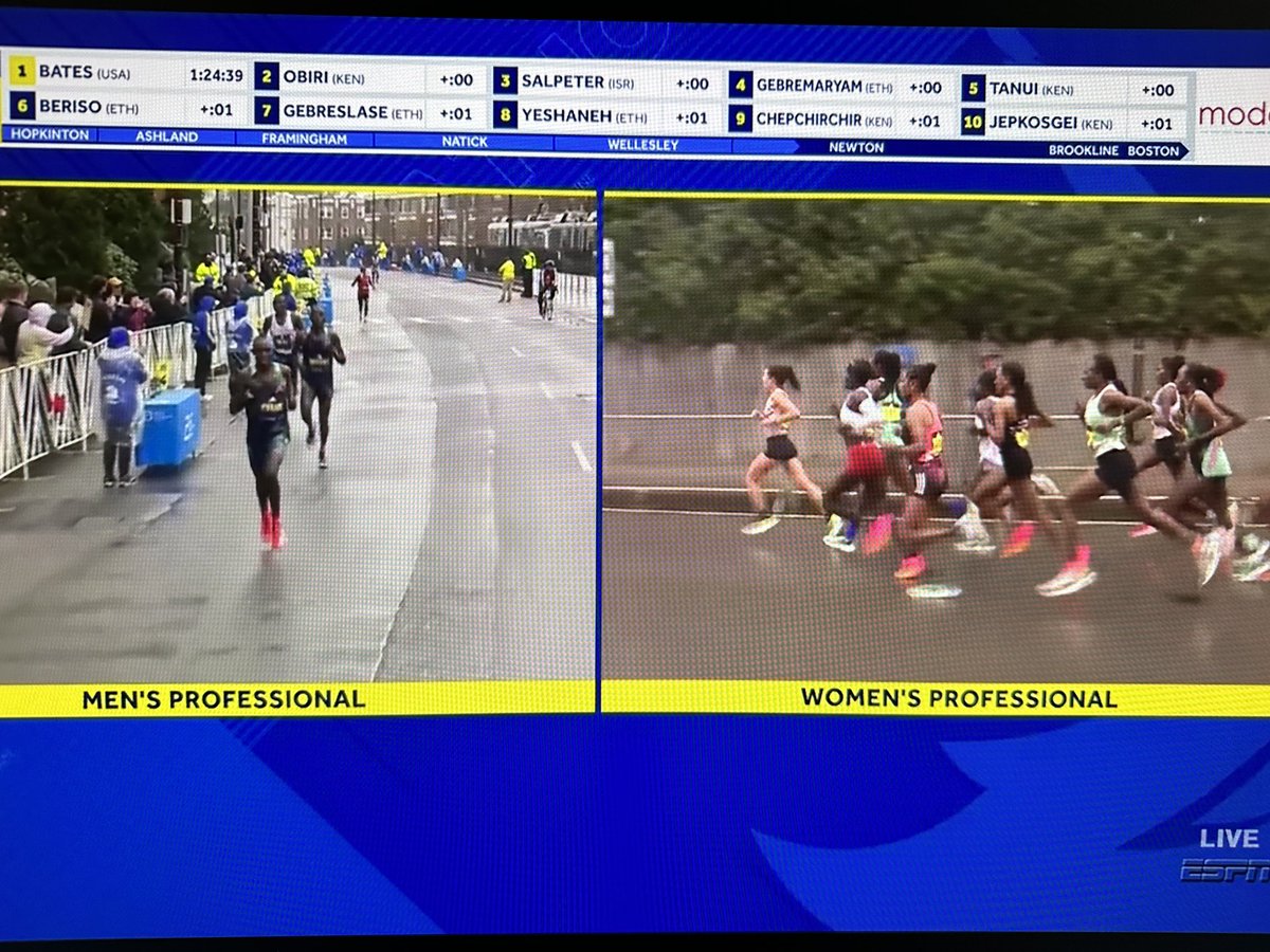 That’s Emma Bates out front. Still no moves being made yet, but awesome to see her in the mix. Let’s see who decides enough is enough and attacks those hills… #BostonMarathon