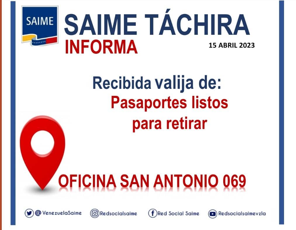 VenezuelaSaime's tweet photo. #Táchira >> #Pasaporte listos para retirar en la oficina #Saime San Antonio https://t.co/Y2RKN6oKaB