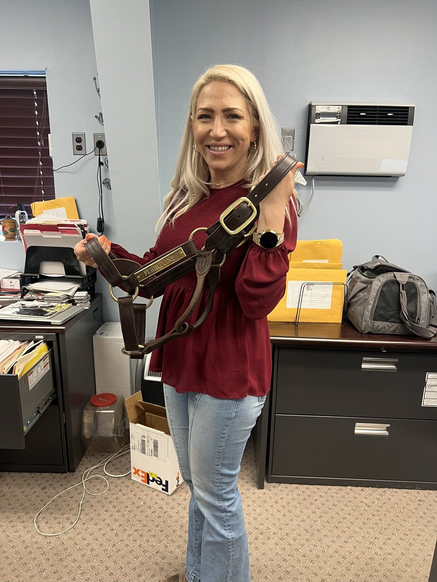 DanielleGibso15's tweet photo. The Flightline halter arrived! We will be auctioning it off to benefit Turning For Home at our upcoming PTHA/TFH Charity golf outing on May 4th! Thank you to Bruce Casella &amp; Terry Finley of @westpointtbred for making this happen #PTHA #Flightline @TurningForHome_  @LanesEndFarms https://t.co/SnKZTLCF10