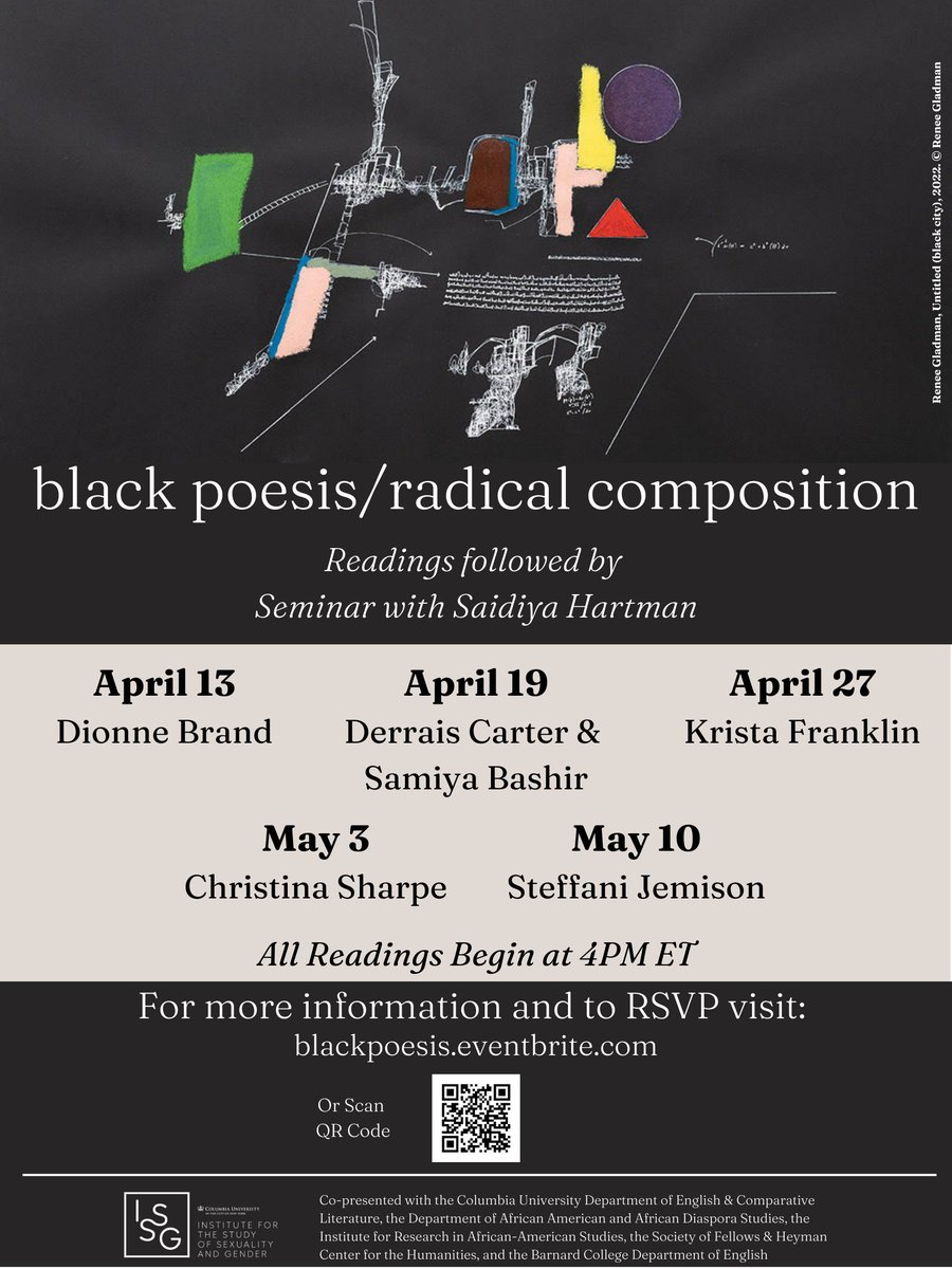 TODAY @ 4PM: black poesis/radical composition feat. Prof. Derrais Carter (@DerraisCarter) &amp; Samiya Bashir (<a href="/scryptkeeper/">Samiya Bashir @scryptkeeper.bsky.social</a>) in Deutsches Haus (420 W. 116th St). Seating on first come, first served basis; more info here: blackpoesis.eventbrite.com
