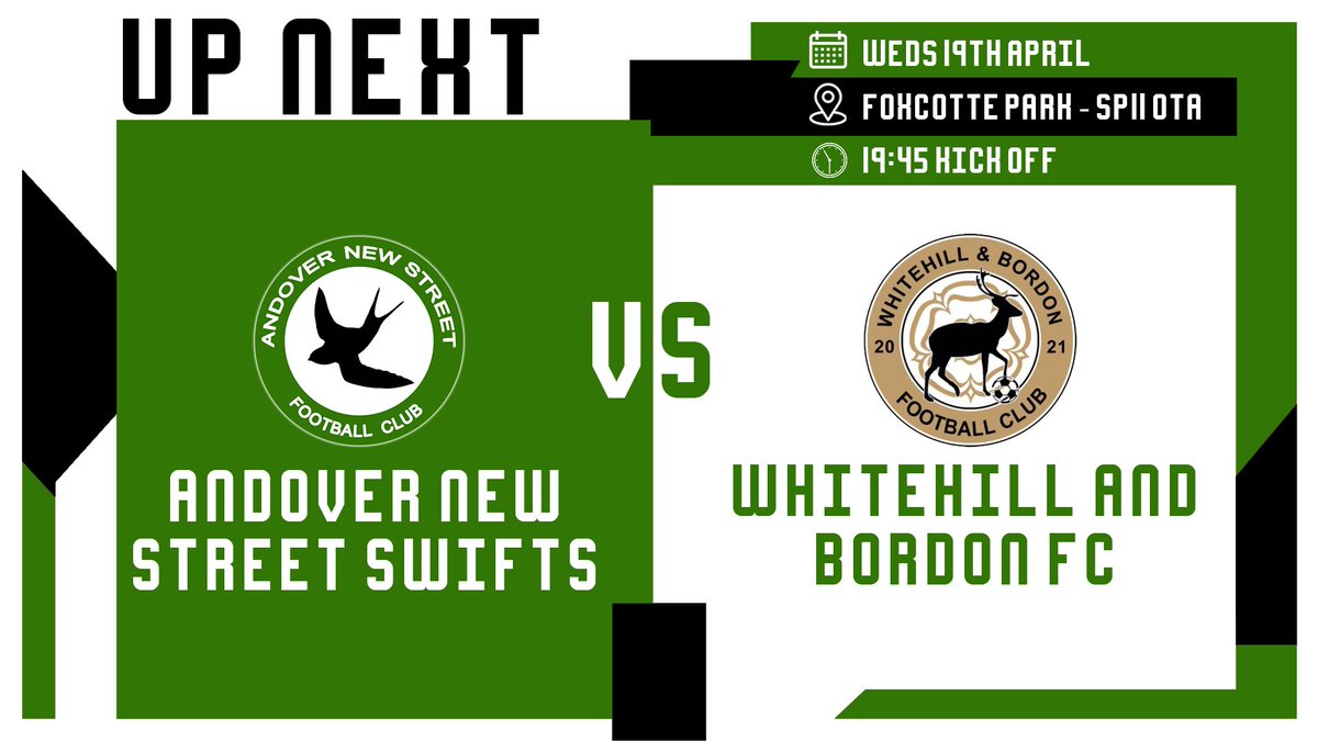 𝗡𝗘𝗫𝗧 𝗨𝗣

Midweek football at Foxcotte Park as we host <a href="/BordonFc/">Whitehill & Bordon FC</a> in the league. Always a good game against these lads &amp; we look forward to another

Come up &amp; support the lads 
🟢⚫️

🆚: <a href="/BordonFc/">Whitehill & Bordon FC</a> 
 🏆: <a href="/HantsLeague/">uhlsport Hampshire Premier League</a>
📌: SP11 0TA
🧭: bit.ly/3bB0prs
⏰: 19:45
💵: Free