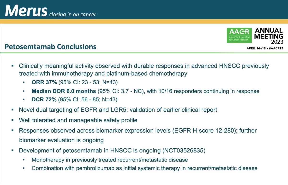 MerusNV's tweet photo. The interim data presented today at #AACR23 highlights clinically meaningful activity of petosemtamab monotherapy observed in previously treated #HNSCC

#CloseInOnCancer

https://t.co/WX4RoRtghn https://t.co/S7i6v41hZe