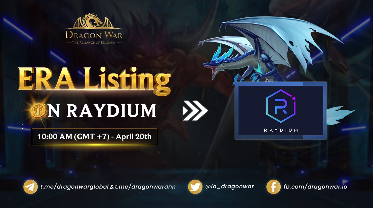 🔥 ERA Listing Announcement | Note the date!

No more waiting, we are proud to announce the official ERA listing date and time on #Raydium! 🚀

▶️ Listing time: 10:00 AM (GMT +7) - April 20th, 2023
▶️ Listing price: $0.0005

Let's explore this journey together! 🍻